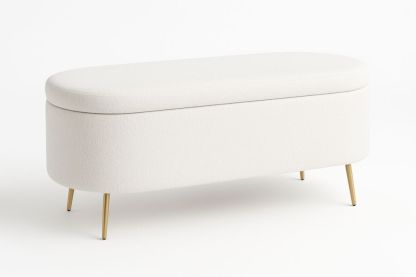 Banc de Rangement Ovale Tissu Blanc Pieds Métalliques 110x43x45 cm
