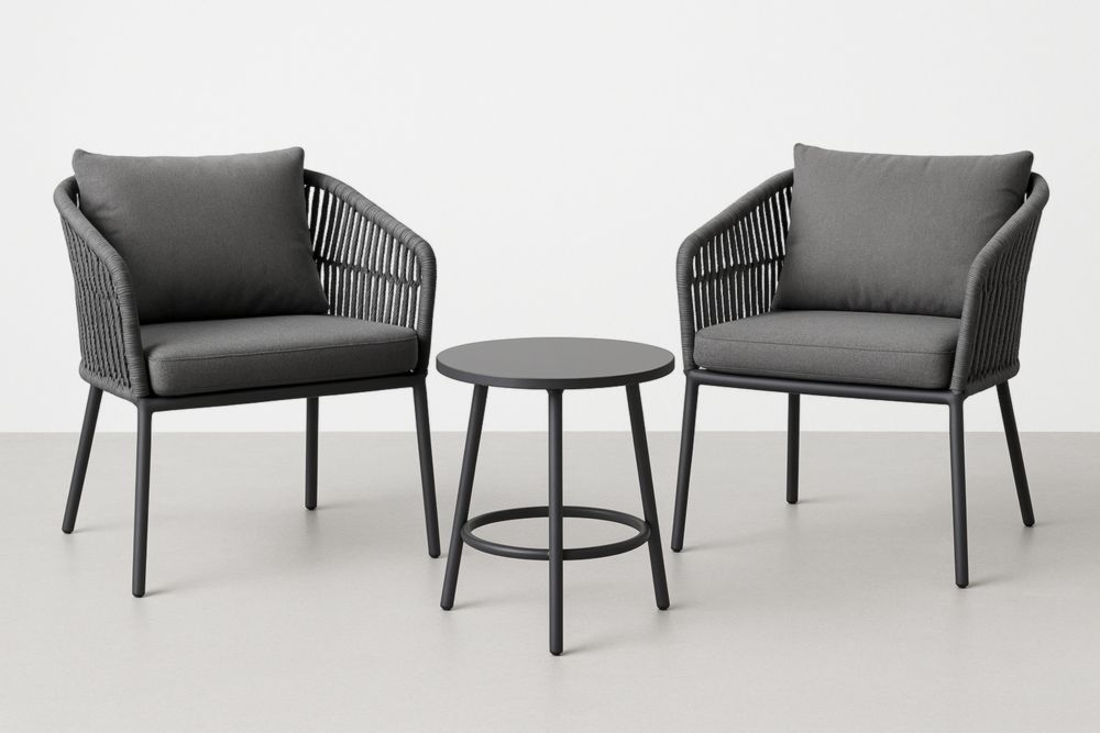 Ensemble de Meubles de Jardin 2 Fauteuils en Aluminium et Corde Polypropylène avec Table Ronde en Acier Noir