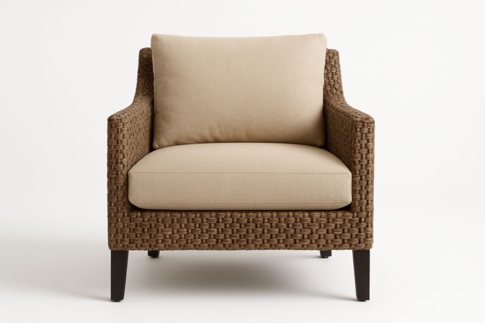 Fauteuil en résine tressée avec coussins amovibles beige/marron 90cm x 85cm x 75cm