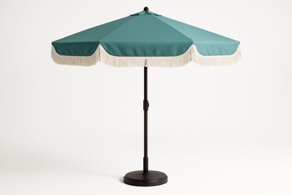 Parasol jardin rond polyester avec bords à franges turquoise 250cm diamètre