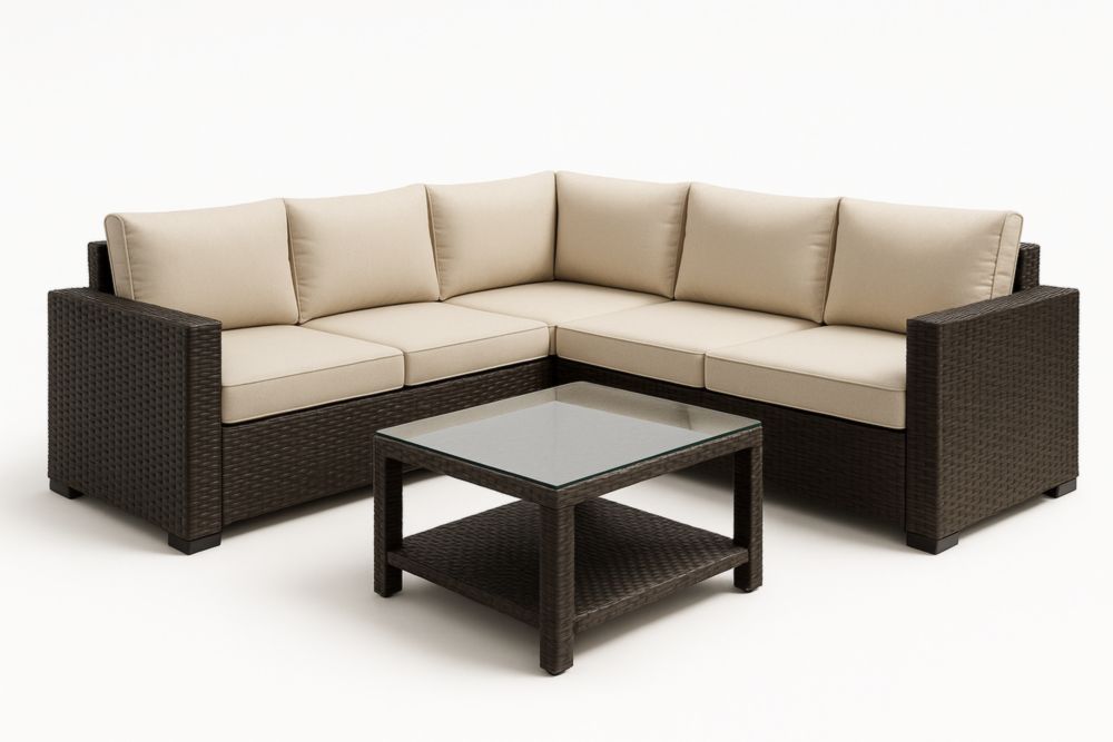 Ensemble Salon de Jardin en Résine Tressée Coussin Beige Table Basse Verre Trempé