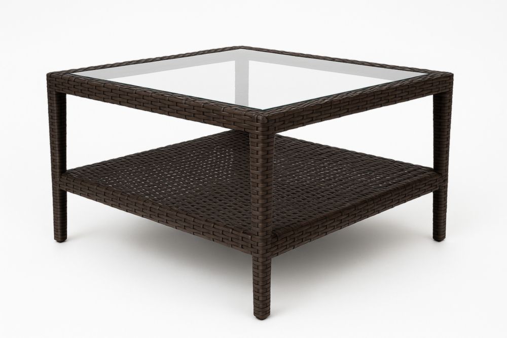 Table basse carrée en résine tressée et verre trempé 90x90x45 cm