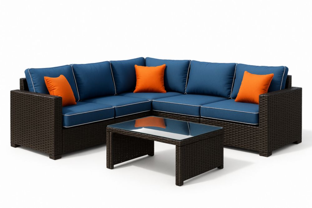 Canapé d'angle en rotin PE avec coussins en polyester bleu et table basse avec plateau en verre trempé