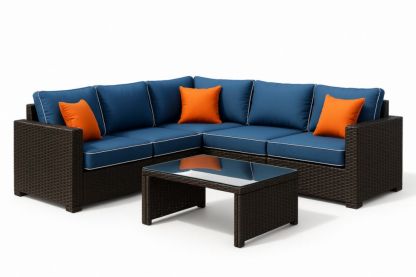 Canapé d'angle en rotin PE avec coussins en polyester bleu et table basse avec plateau en verre trempé