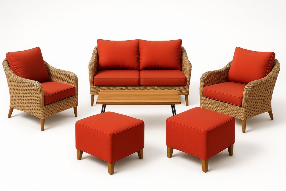 Ensemble de salon de jardin en rotin synthétique et coussins rouges comprenant canapé fauteuils tabourets