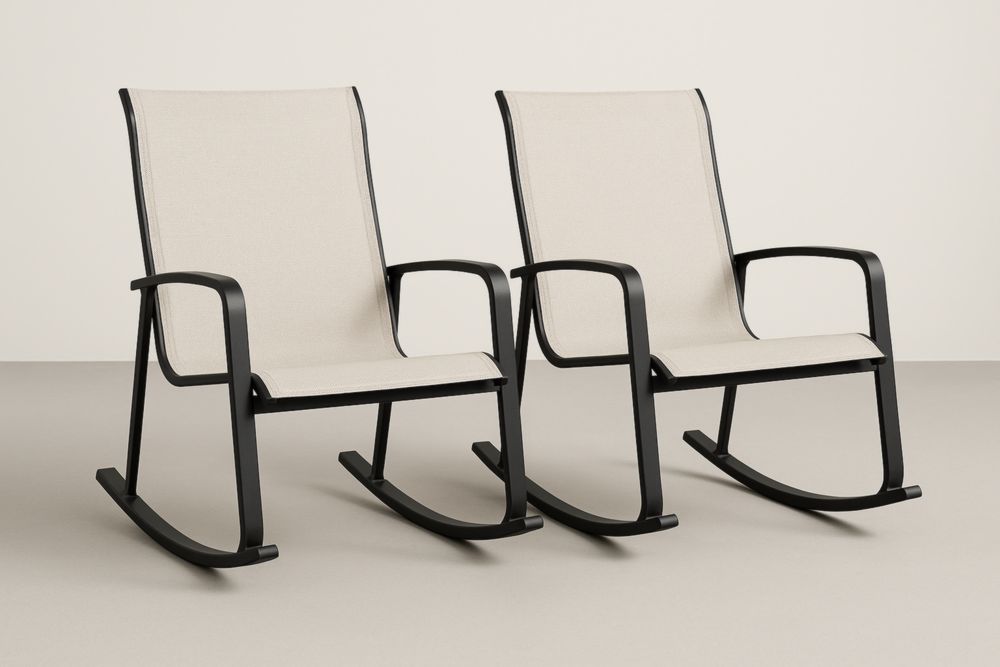 Ensemble de Deux Fauteuils à Bascule pour Extérieur Structure Métallique et Tissu Beige