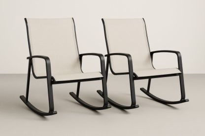 Ensemble de Deux Fauteuils à Bascule pour Extérieur Structure Métallique et Tissu Beige