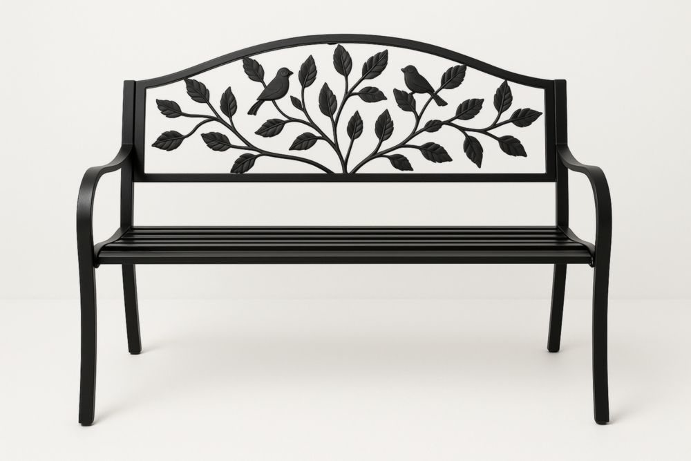 Banc de Jardin en Métal Noir avec Dossier Motif Oiseaux 128cm