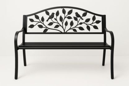 Banc de Jardin en Métal Noir avec Dossier Motif Oiseaux 128cm