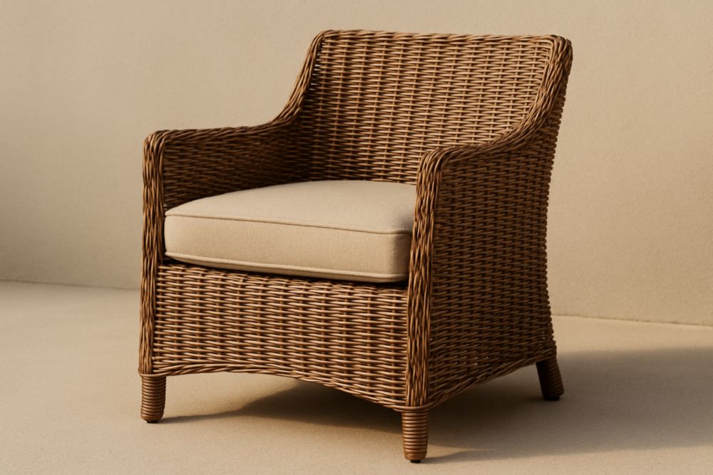 Fauteuil en résine tressée effet rotin – coussin beige – H86 x L70 x P76 cm