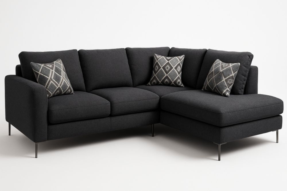 Canapé d'angle tissu polyester anthracite L 275 cm avec coussins décoratifs