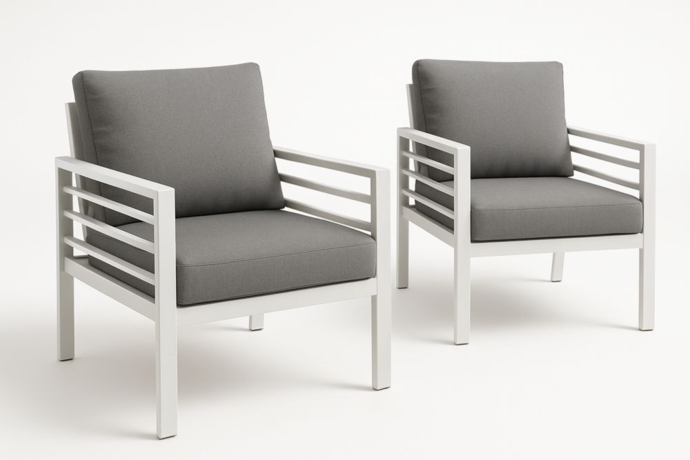 Ensemble de deux fauteuils d'extérieur en aluminium avec coussins en polyester gris, 75 cm x 83 cm x 86 cm