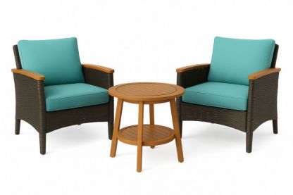 Ensemble de mobilier de jardin 3 pièces rotin brun coussins polyester bleus table bois