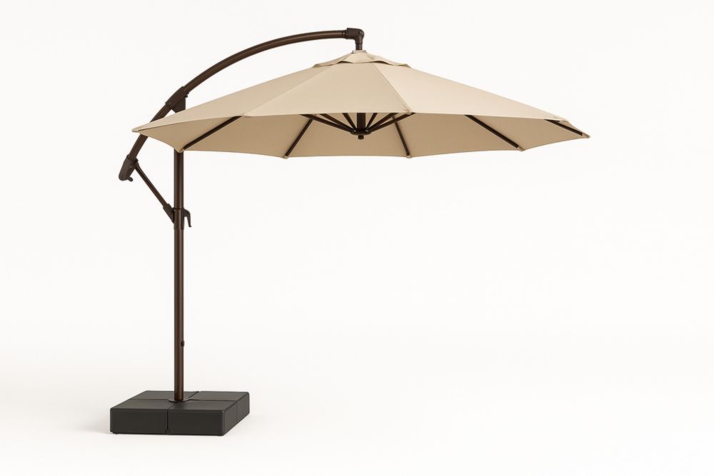 Parasol déporté extérieur beige 3m en polyester avec support en acier et base en plastique