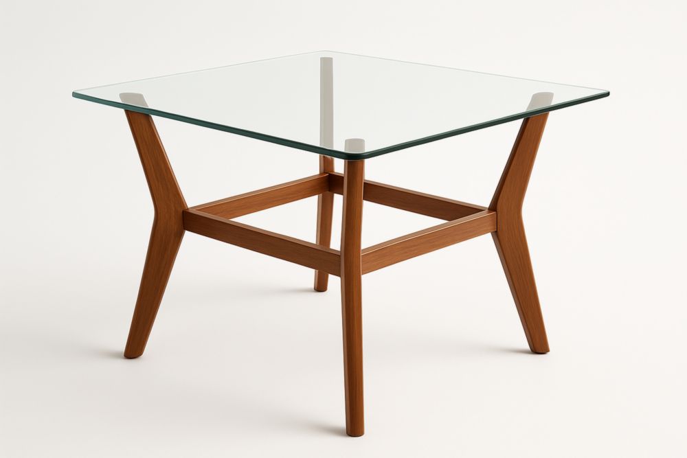 Table basse en verre trempé carrée 70x70 cm pieds bois