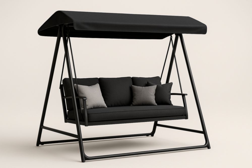 Balancelle extérieure en acier avec auvent et coussins noir 195 cm x 120 cm x 167 cm