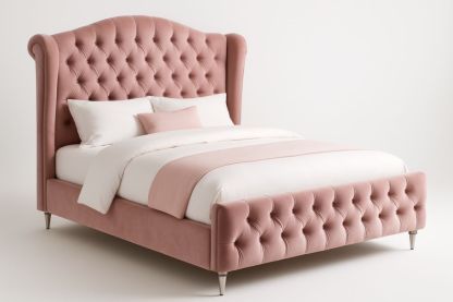 Lit capitonné en velours rose avec tête de lit haute 200x160 cm