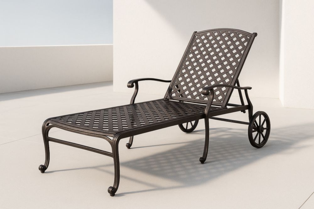 Chaise Longue de Jardin en Métal Noir avec Dossier Réglable et Roues