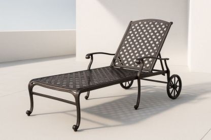 Chaise Longue de Jardin en Métal Noir avec Dossier Réglable et Roues