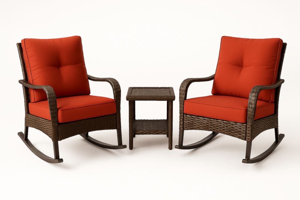 Set Salon de Jardin en Résine Tressée avec Coussins Rouges Table et Fauteuils à Bascule