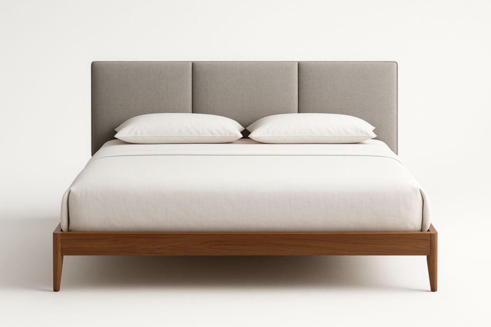 Lit double en bois massif avec tête de lit en tissu gris 200x160 cm