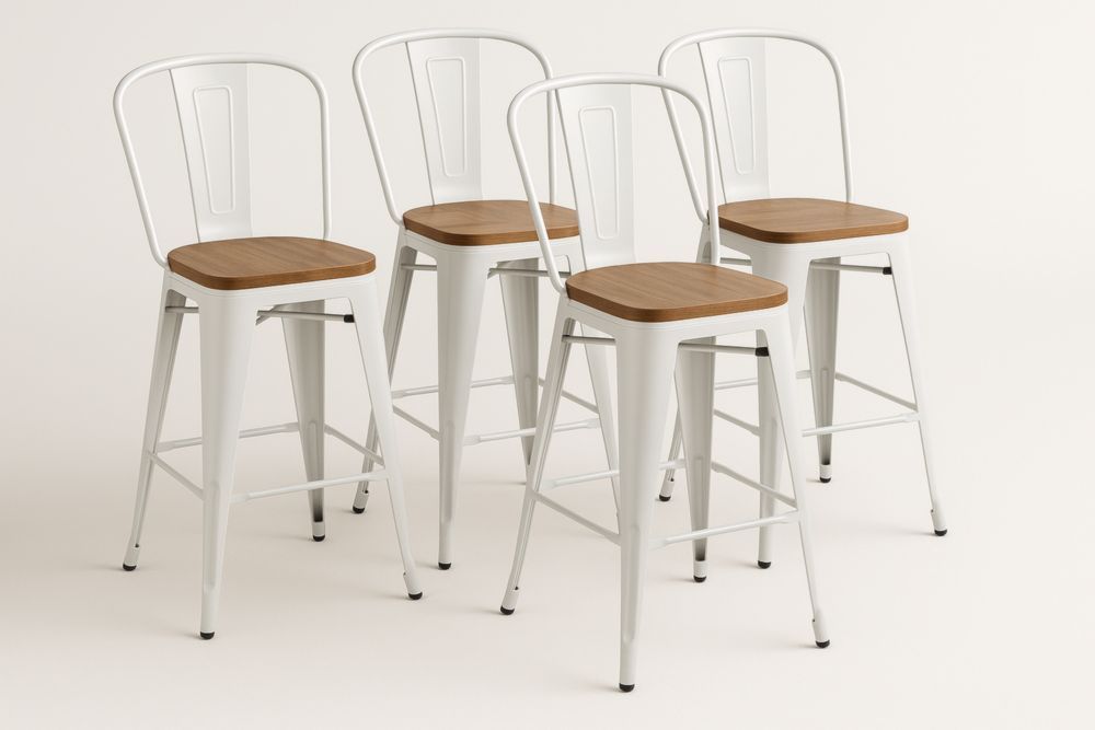 Tabouret de Bar en Métal Blanc avec Assise en Bois Set de 4