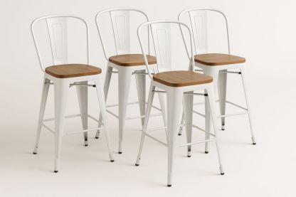 Tabouret de Bar en Métal Blanc avec Assise en Bois Set de 4