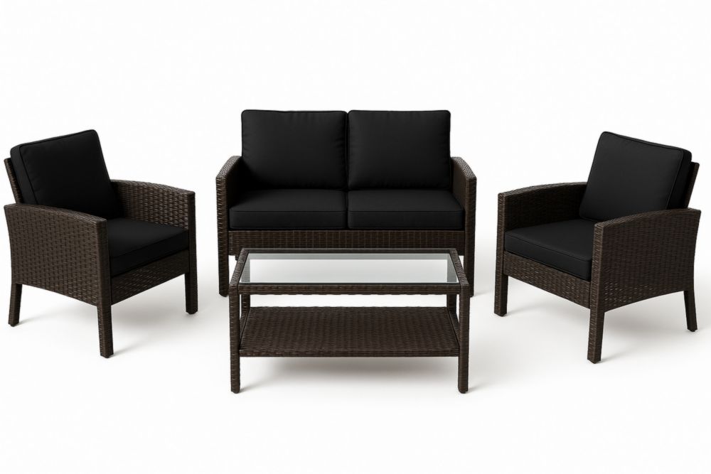 Set salon de jardin 4 pièces en résine tressée et verre avec coussins noirs