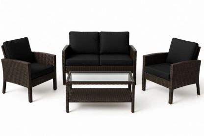 Set salon de jardin 4 pièces en résine tressée et verre avec coussins noirs