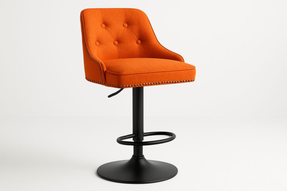Tabouret de Bar Réglable en Tissu Orange avec Base Métallique Noire