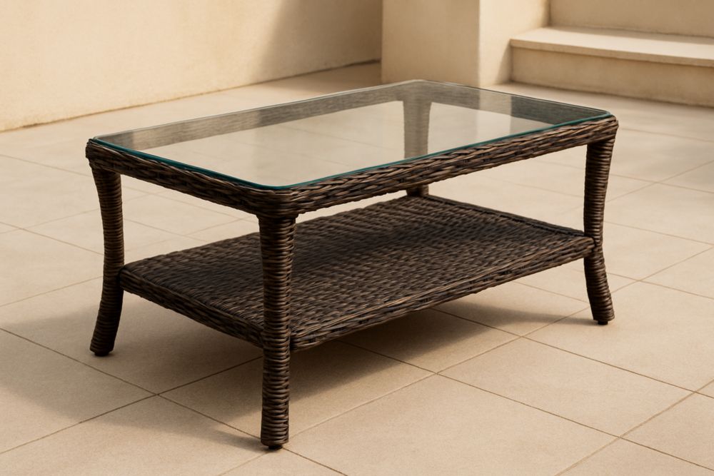 Table basse extérieure rectangulaire en résine tressée avec plateau en verre 110x60x45 cm marron
