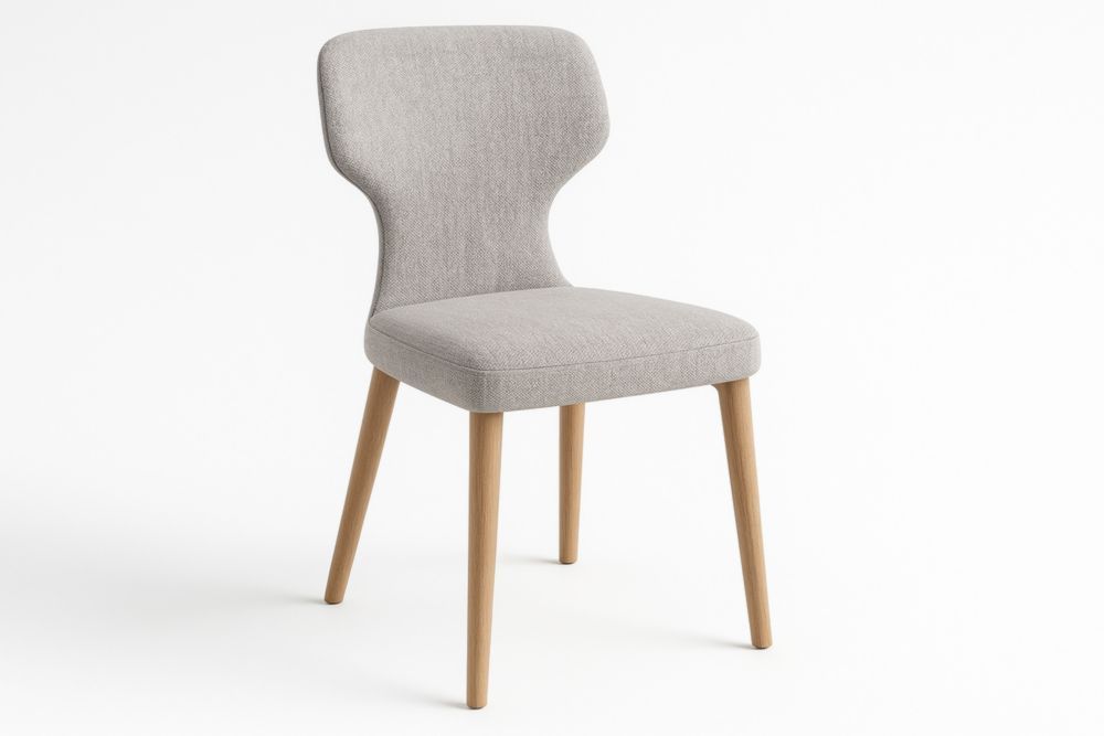 Chaise rembourrée en tissu gris clair pieds en bois hauteur 87cm