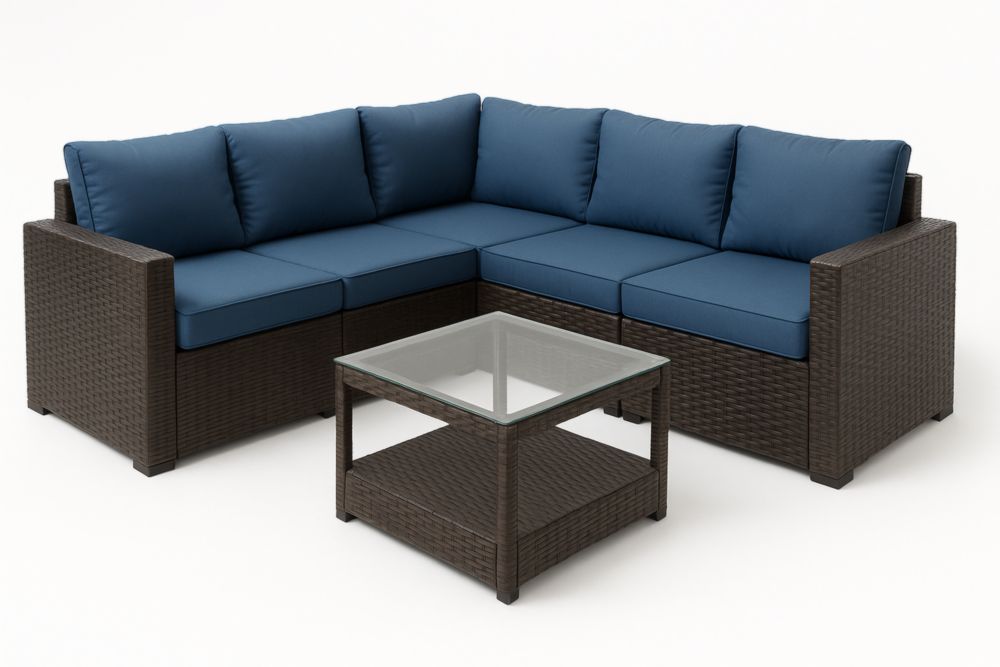 Ensemble de meubles de jardin en rotin avec table en verre et coussins bleu