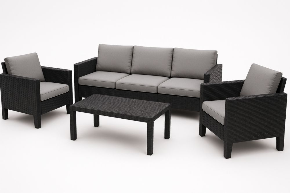 Ensemble de salon jardin en résine tressée noir avec coussins gris 3 places et table rectangulaire