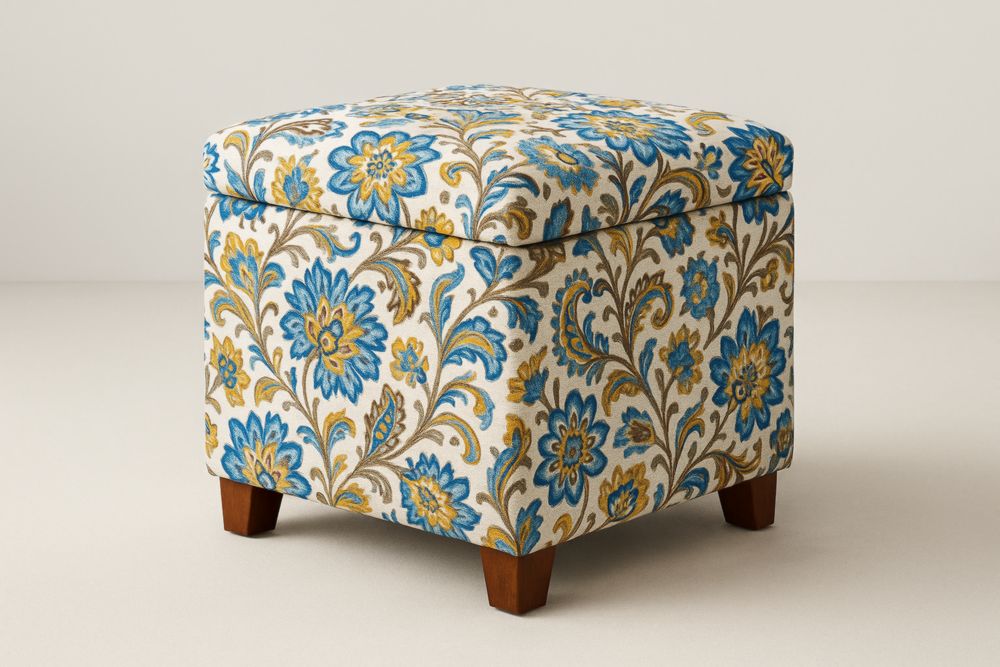 Tabouret de Rangement Carré en Tissu à Motifs Floraux avec Pieds en Bois 45cm x 45cm x 45cm