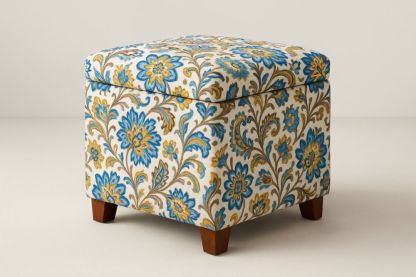 Tabouret de Rangement Carré en Tissu à Motifs Floraux avec Pieds en Bois 45cm x 45cm x 45cm