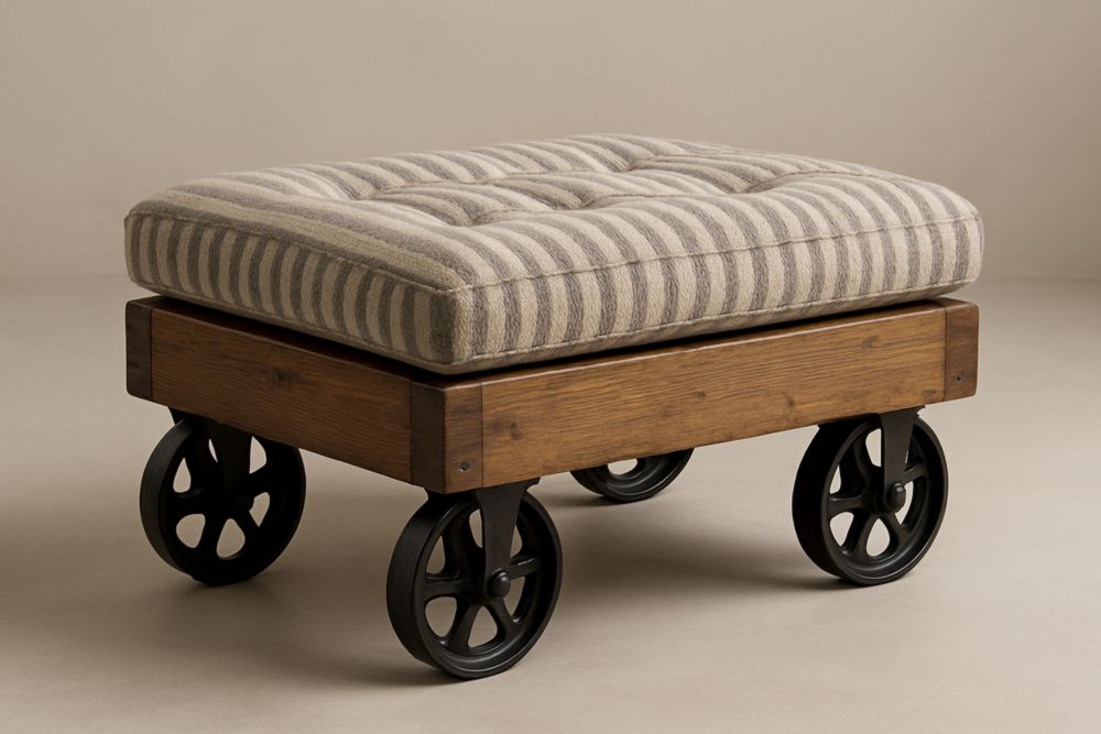 Tabouret à roulettes en bois et métal avec coussin rayé 60x40x40 cm