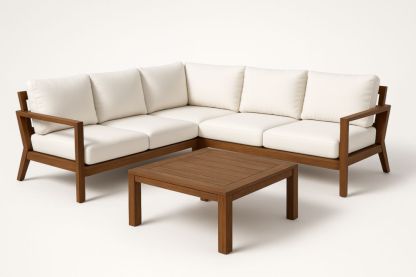 Ensemble canapé d'angle extérieur bois tissu blanc 3 places avec table basse carrée