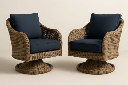 Fauteuil pivotant en rotin synthétique avec coussins bleu foncé - ensemble de 2