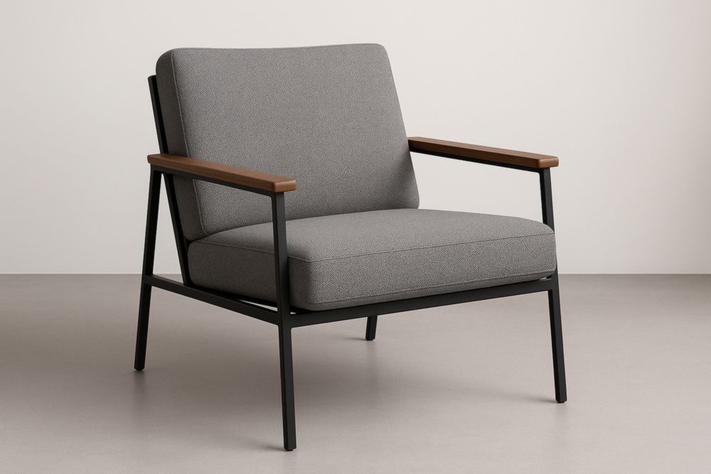 Fauteuil en tissu polyester gris avec cadre métallique et accoudoirs en bois