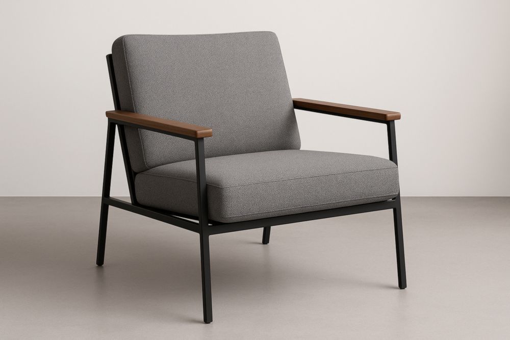 Fauteuil en tissu polyester gris avec cadre métallique et accoudoirs en bois