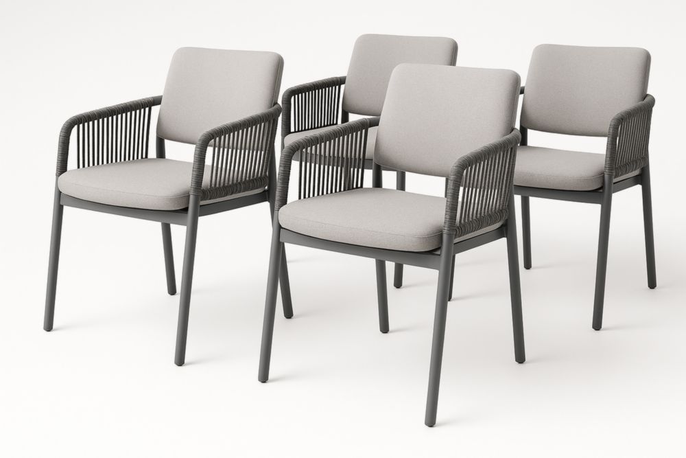 Ensemble de 4 chaises de salle à manger en acier avec cordes et coussins en polyester gris clair