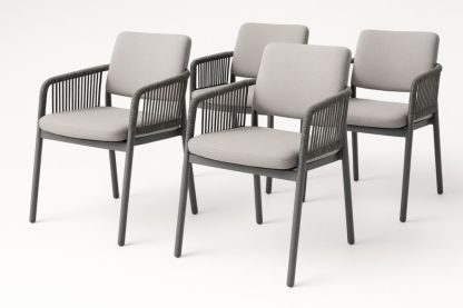 Ensemble de 4 chaises de salle à manger en acier avec cordes et coussins en polyester gris clair