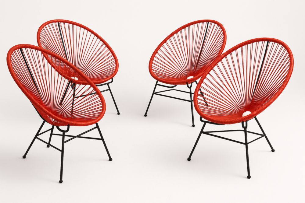 Set de 4 chaises de jardin ovales en acier et corde plastique rouge