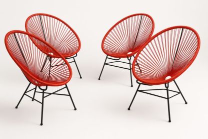 Set de 4 chaises de jardin ovales en acier et corde plastique rouge
