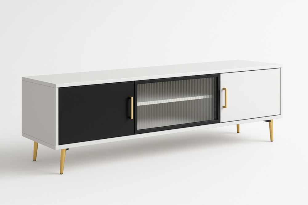 Meuble TV Bois Métal Verre Noir/Blanc 150x40x50 cm