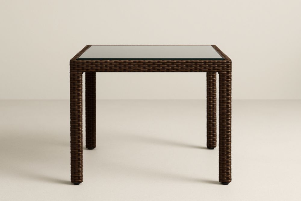 Table de Jardin Carrée en Verre Trempé et Résine Tressée Marron 90x90x75cm