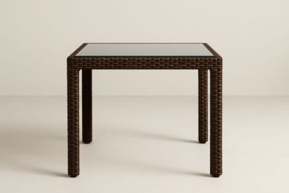 Table de Jardin Carrée en Verre Trempé et Résine Tressée Marron 90x90x75cm