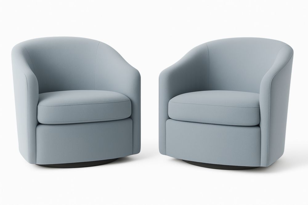 Duo de fauteuils pivotants tissu polyester bleu clair rembourrage mousse hauteur 85 cm diamètre 80 cm