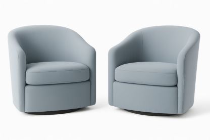 Duo de fauteuils pivotants tissu polyester bleu clair rembourrage mousse hauteur 85 cm diamètre 80 cm